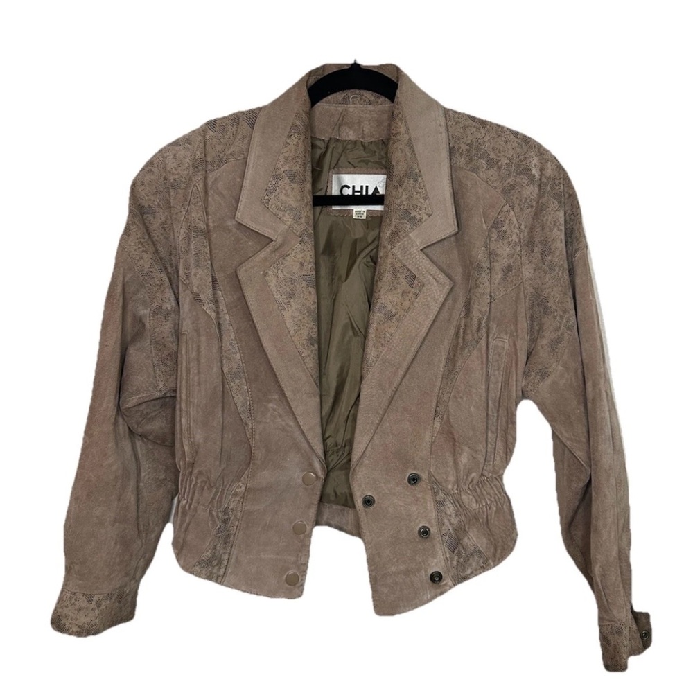 Vintage 90’s CHIA Cropped Brown Suede Leather Jacket Snake Print Panel Korea XS - Picture 12 of 16